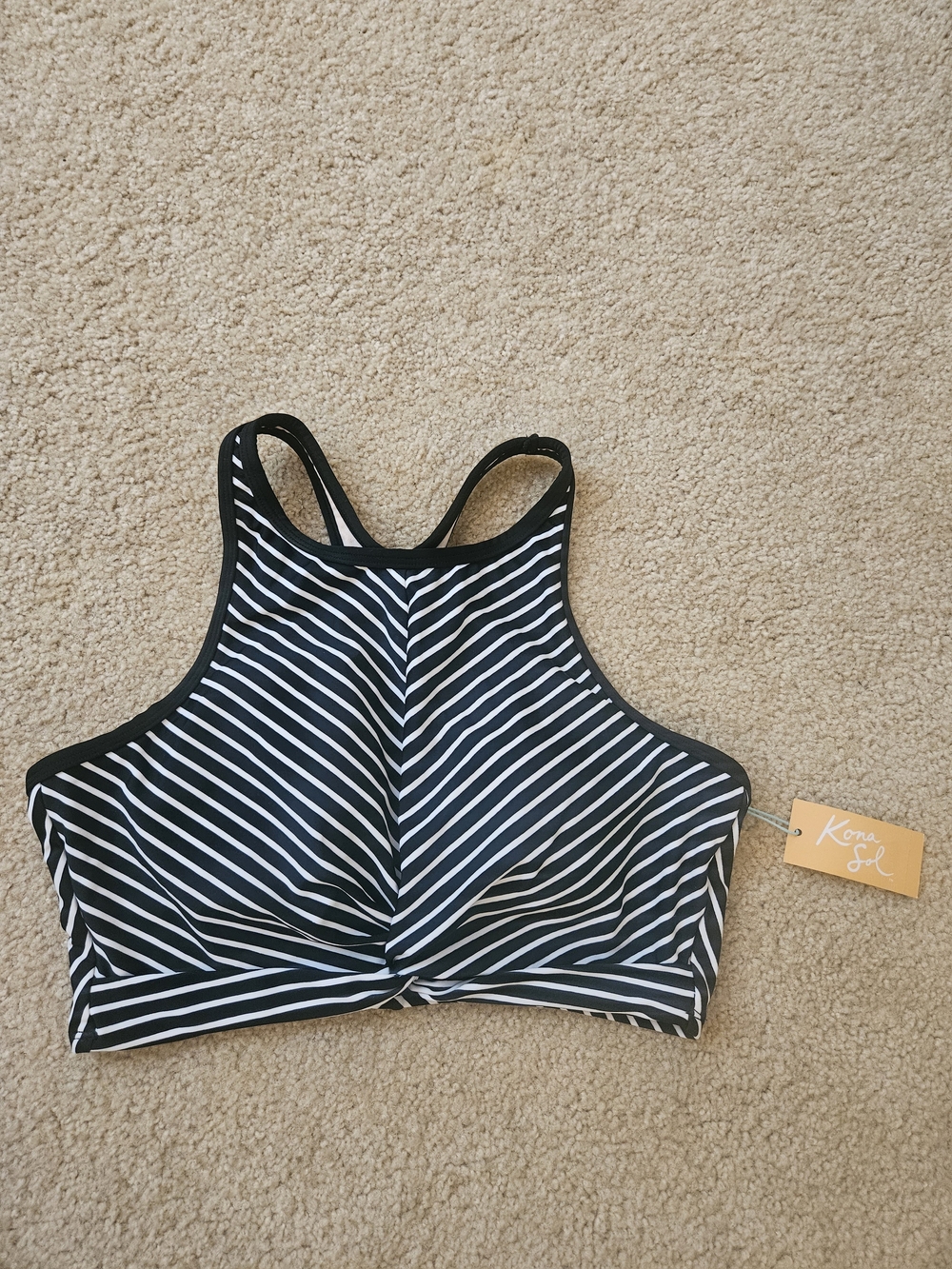 Kona Sol Black & White Striped High Neck Swim Top Size Large L New with Tags